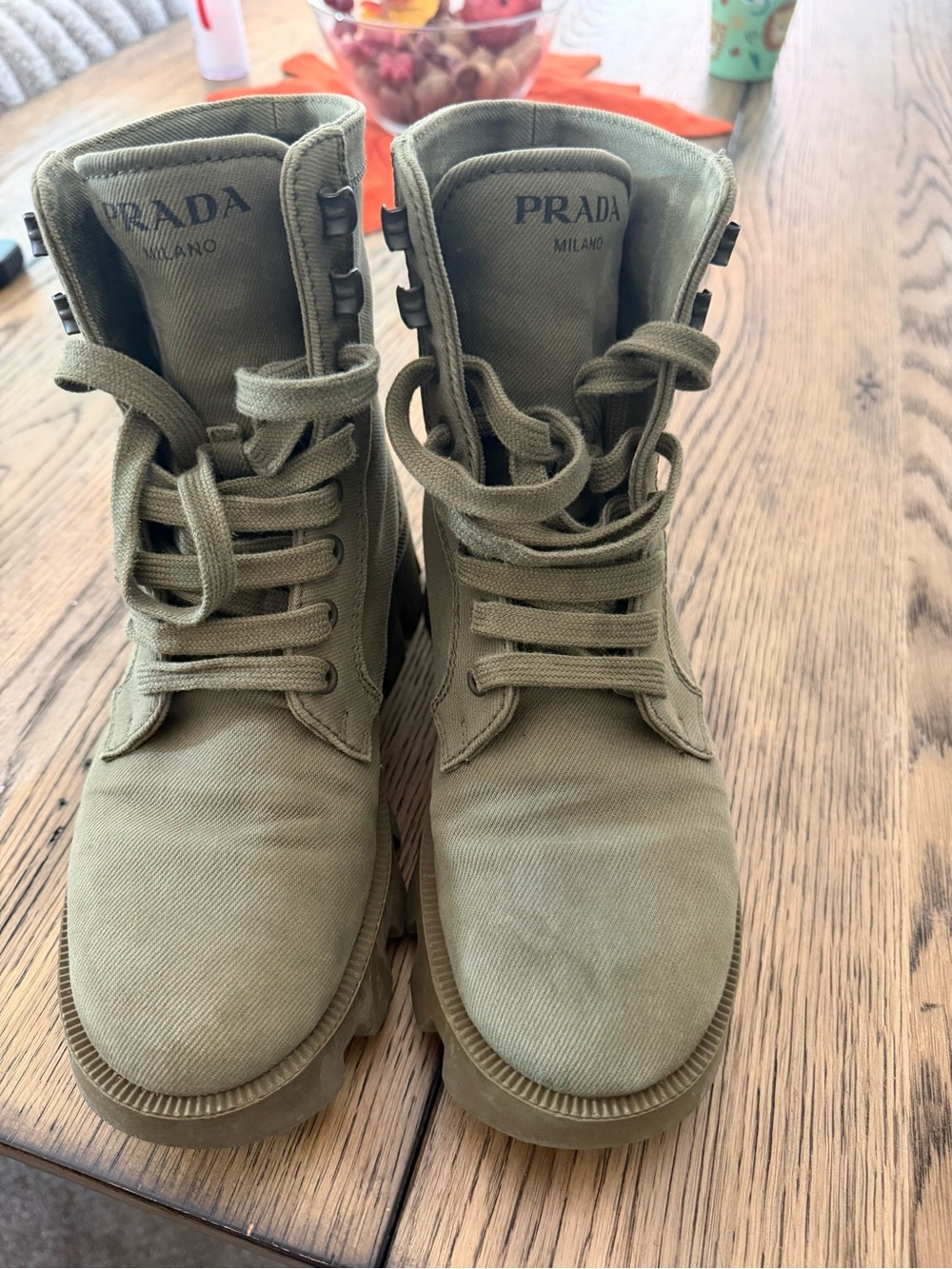 Prada Kids Olive Canvas Lace-Up Ankle Boots
